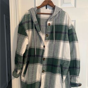 Green and White Plaid Hooded Button Down Top